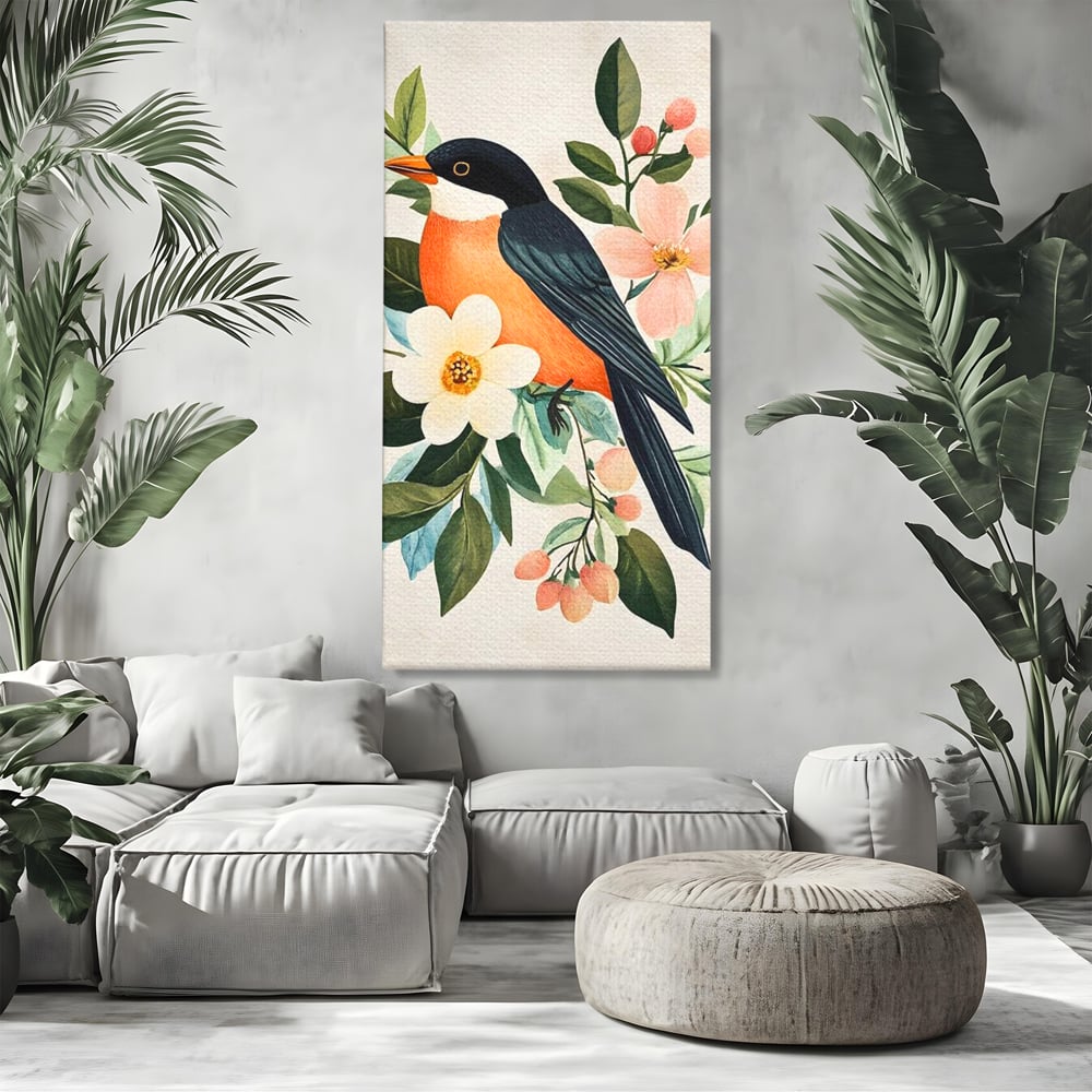 Tablou canvas cu tablou canvas cu pasare portocalie si flori, fara rama, pe sasiu de lemn, pe perete intr-un living
